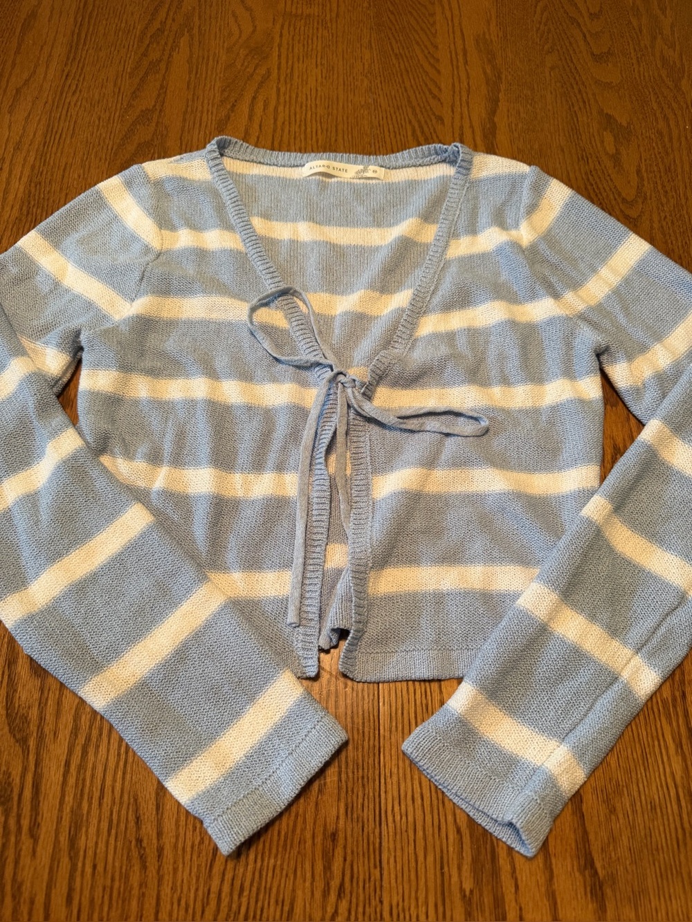 Altar’d Stare Light Blue and White Striped Tie-Front Cropped Cardigan Medium